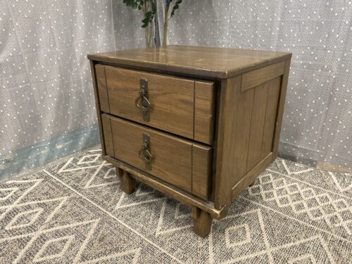 Vintage Wooden 2 Drawer Nightstand with Unique Hammered Metal Swing Pulls