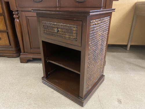 PIER 1  Dark Brown Wood & Rattan Open End Table w/ Drawer