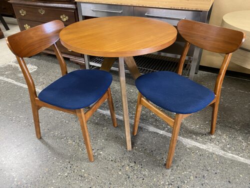WEST ELM Tripod Walnut Bistro Table & 2 Classic Café Dark Blue Upholstered Chairs