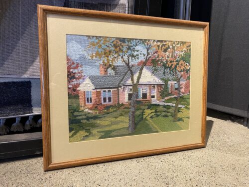 Vintage Framed Needlepoint of a Charming Home