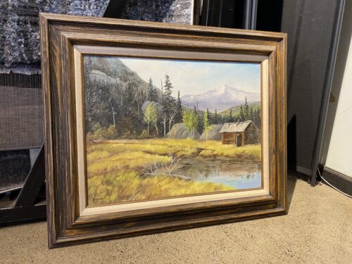 Framed Landscape Painting of a Rustic Cabin