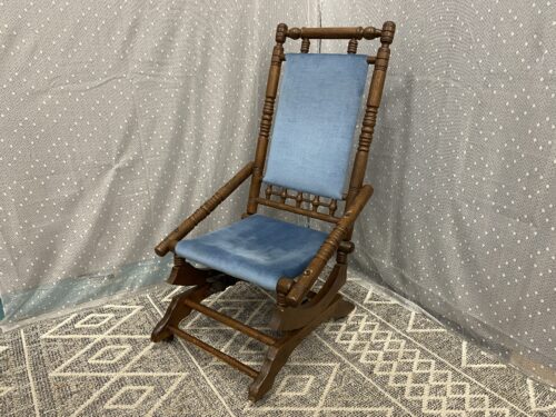 Antique 1920's Victorian Wooden Rocking Chair with Blue Velvet Cushions