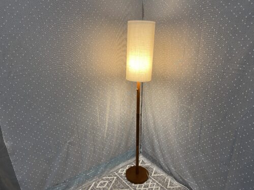 Modern Tall Wooden Base Floor Lamp with Long Oblong Ivory Linen Shade