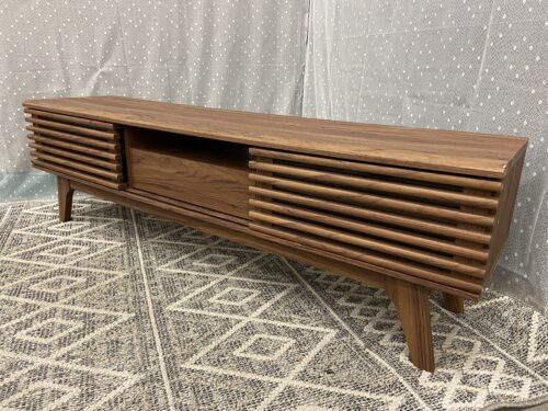 MODWAY Walnut Finish Console Table with Slatted Glass Sliding Doors