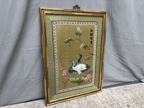 Vintage Bamboo Framed Chinese Silk Embroidery Crane Scene