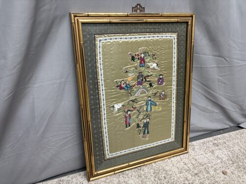 Vintage Bamboo Framed Chinese Silk Embroidery Garden Scene