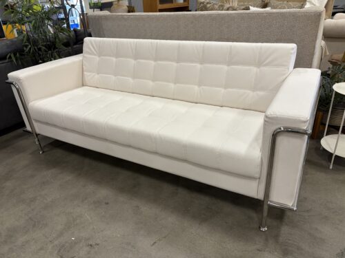 Modern Tufted Ivory Leather Sofa with Decorative Silver Encasement