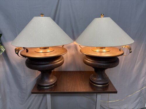 Vintage Large Classical Urn Table Lamp w/ Mottled Beige Shade (Set of 2)