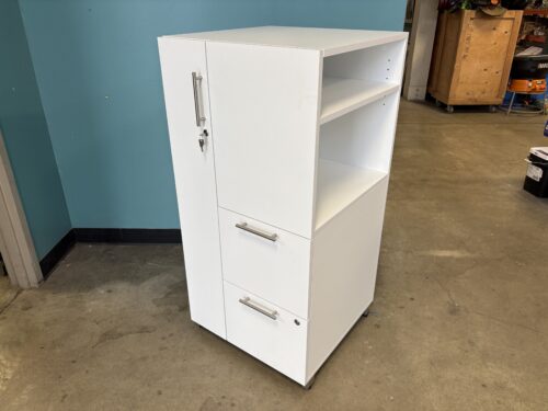 White Left Hand 2 Drawer Storage Tower with Shelving and Narrow Cabinet with Key