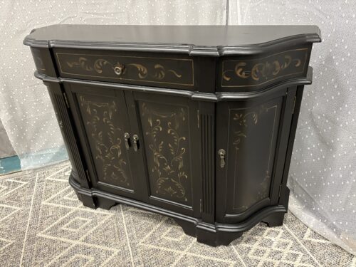 Black 4 Door Breakfront Console Table with Painted Filigree Motif