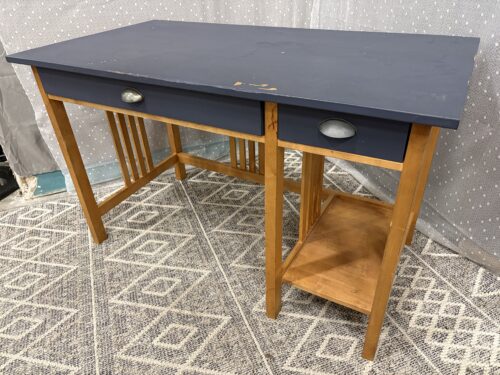 Wooden Mission Style 2 Drawer Desk with Painted Navy Blue Top
