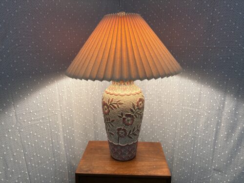 Vintage Large Decorative Ceramic Table Lamp with Accordian Fan Shade