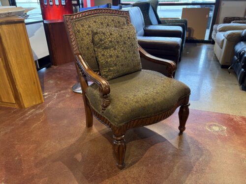 Carved Wood Frame Armchair with Green Pattern Upholstery