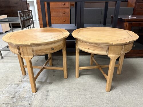 Blonde Round Scalloped Edge End Table w/ Drawer (Set of 2)