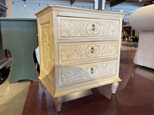 Distressed Bohemian Style Three Drawer Nightstand