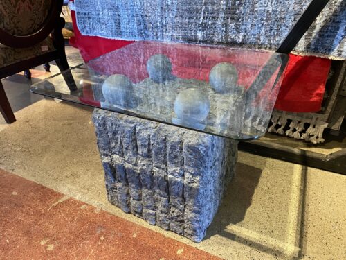 Custom Gray Sculpted Stone Accent Table with Square Glass Top