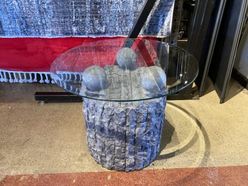 Custom Gray Sculpted Stone Accent Table with Round Glass Top