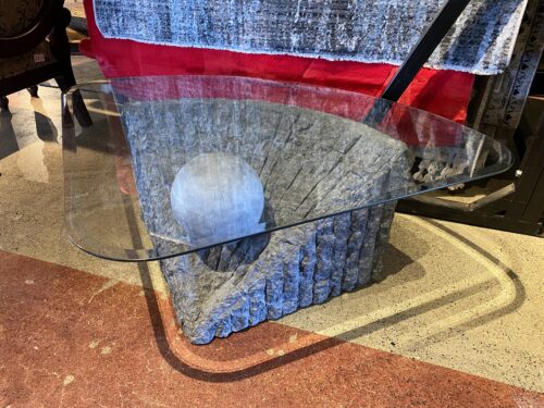 Custom Gray Sculpted Stone Triangular Coffee Table with Glass Top