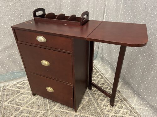 Vintage Mahogany Finish Telephone Organizer Table with Removable Tray and Fold Out Leat Extention