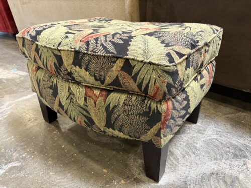 Tropical Plant Design Curved Ottoman with Dark Wood Feet