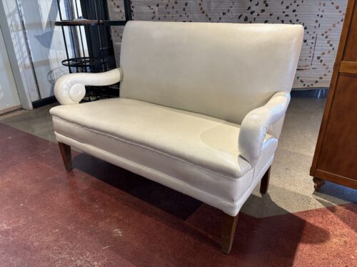 White Leather Bench with Scrolled Arms