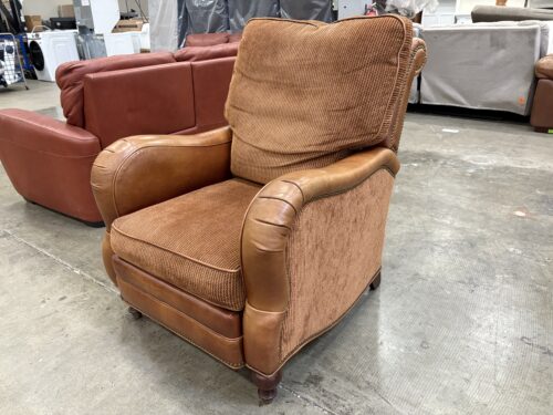 MOTIONCRAFT Brown Leather and Fabric Push-to-Recline Armchair with Nailhead Trim