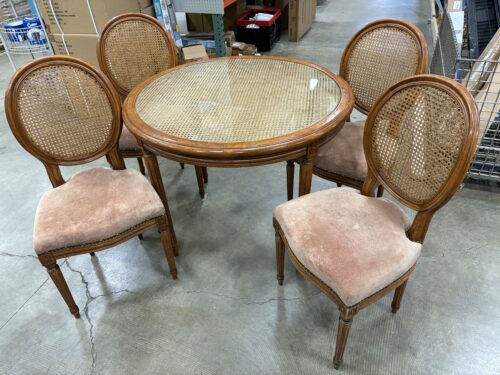 Vintage Round Cane and Glass Dining Table and 4 Chairs with Nailhead Trim