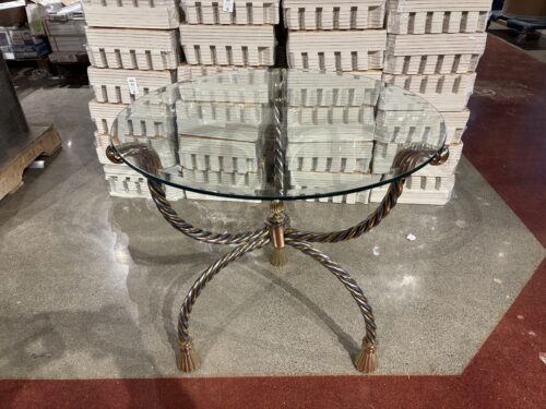 Hollywood Regency Gold & Gray Metal Glass Top Round Side Table