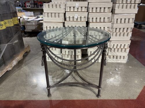 Hollywood Regency Gray Metal Glass Top Round Side Table