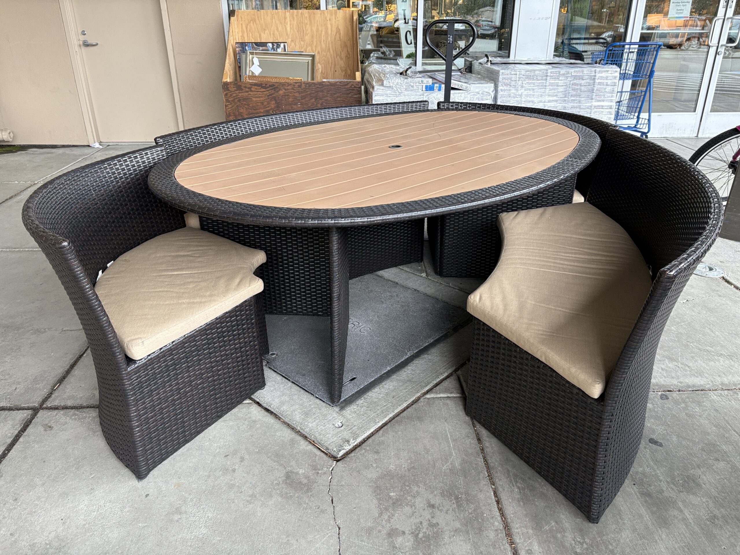 Dark Brown Oval Outdoor Dining Table w/ Nesting Chairs
