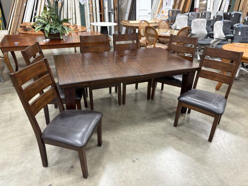 ASHLEY FURNITURE Espresso Finished Rectangular Dining Table and 6 Chairs with Black Leather Seats and Extension Leaf
