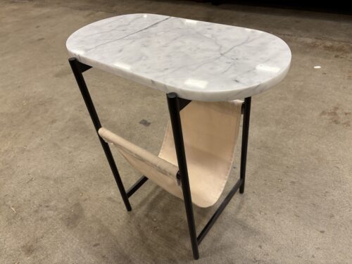 Modern Oval End Table with Black Metal Frame and Cultured Marble Top