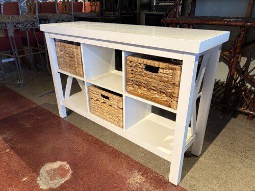 Farmhouse-Style White Console Table with 6-Cube Shelves