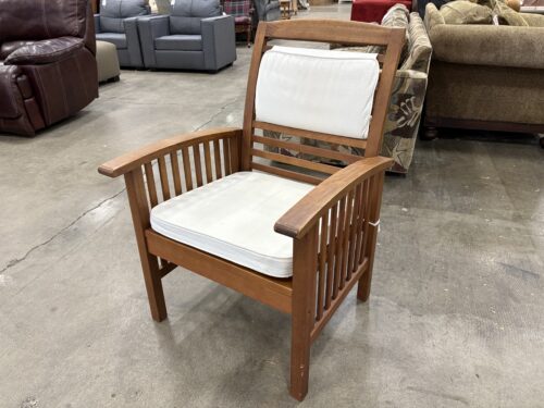 Slatted Wooden Patio Chair with White Cushions