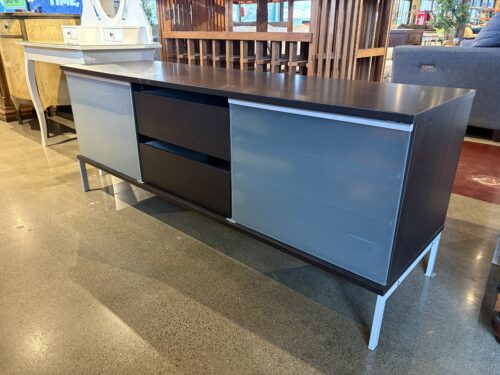 Modern Minimalist Deep Brown TV Stand with Sliding Glass Doors