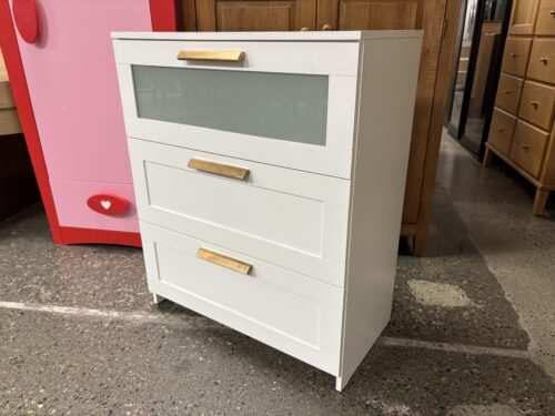 White 3-Drawer Bachelor Chest w/ Gold Handles & Glass Fronted Drawer