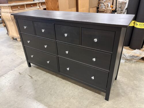 IKEA Hemnes 8 Drawer Lowboy Dresser in Black with Faceted Acrylic Pulls
