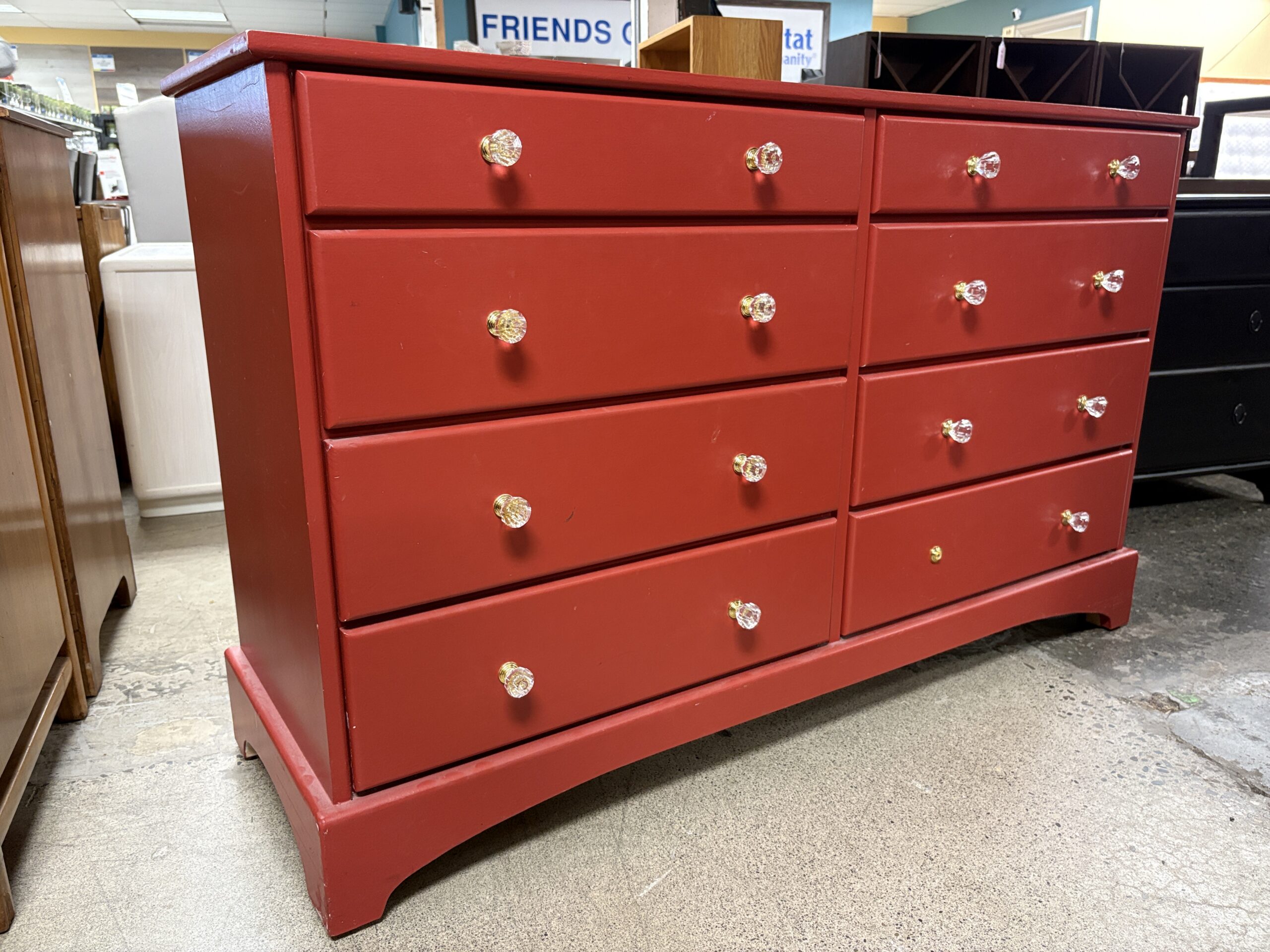 Brick Red 8-Drawer Low Dresser w/ Crystal Pulls