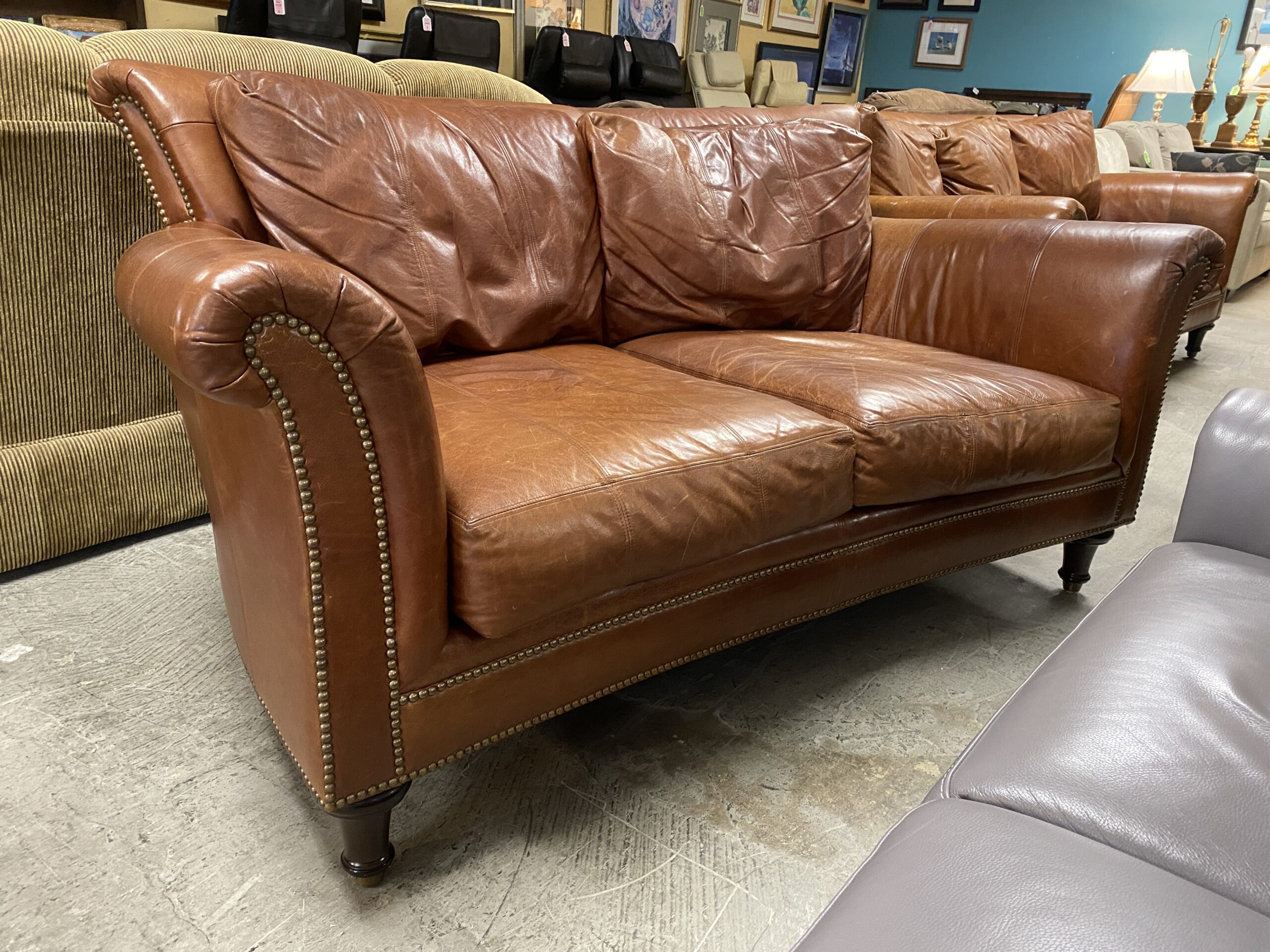 FERGUSON COPELAND Vintage Brown Rolled Arm Leather Loveseat w/ Nailhead Trim