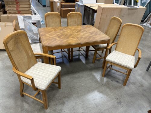 Vintage Rectangular Wooden Parquet Top Dining Table with Extension Leaf and 6 Cane Back Chairs with Tweed Seats
