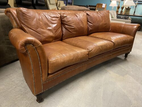 FERGUSON COPELAND Vintage Brown Rolled Arm Leather Sofa w/ Nailhead Trim