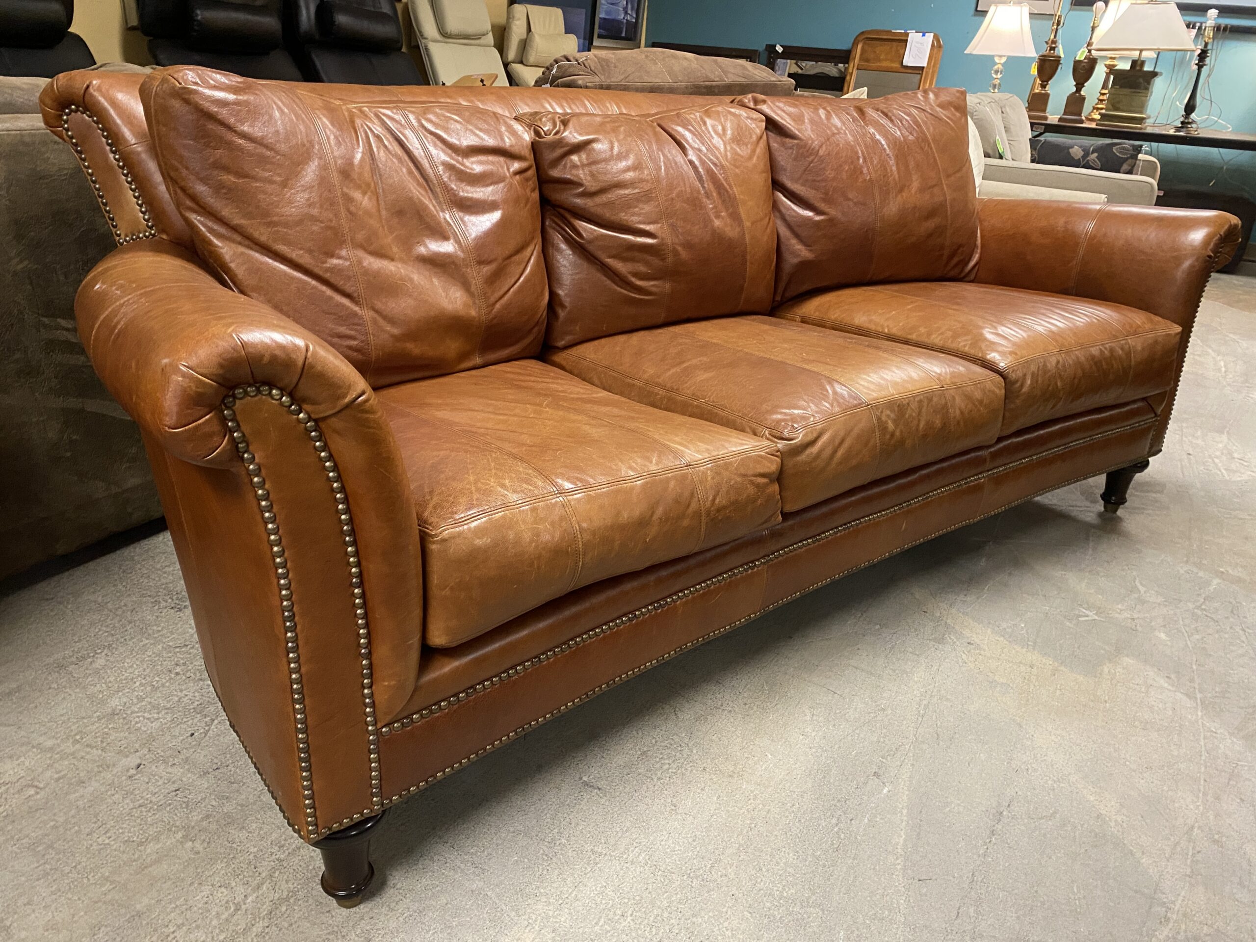 FERGUSON COPELAND Vintage Brown Rolled Arm Leather Sofa w/ Nailhead Trim