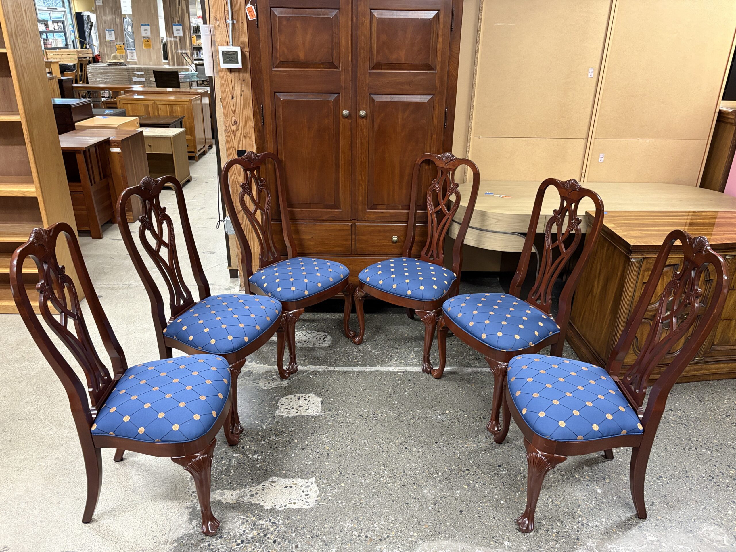 ETHAN ALLEN Cherry Finish Chippendale Dining Chairs w/ Blue Cushions (Set of 6)