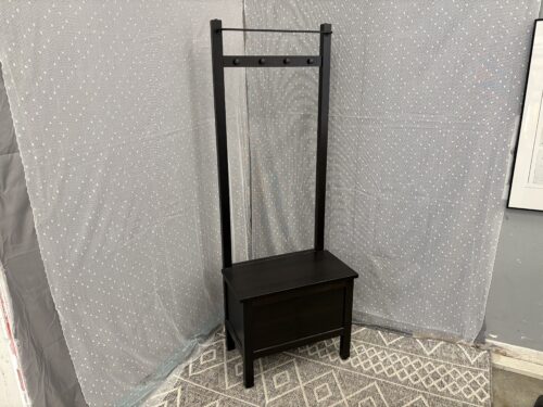 Black Wooden Hall Tree with Coat Hooks and Storage Seat
