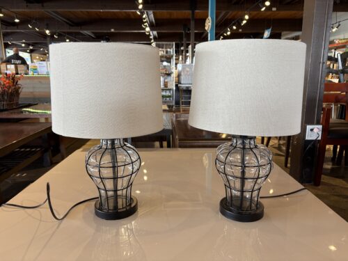 Rustic Glass Gourd Table Lamp with White Drum Shade (Set of 2)