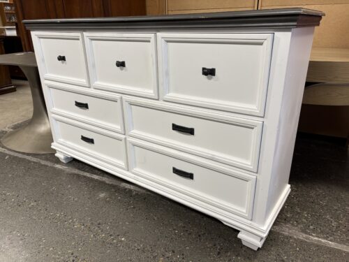 White w/ Grey Top Farmhouse 7-Drawer Low Dresser