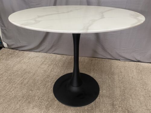 Round White & Black Marble-Patterned Pedestal Dining Table