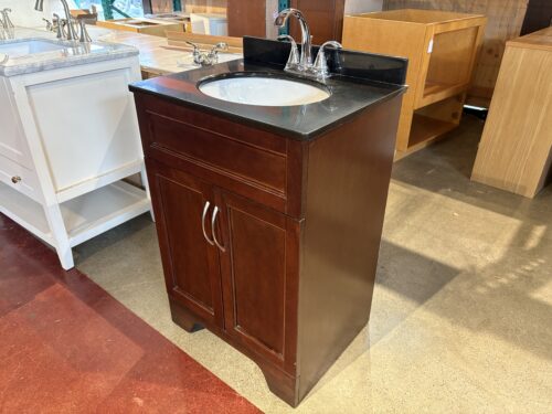 Brown Single Sink Bathroom Vanity with Black Stone Top
