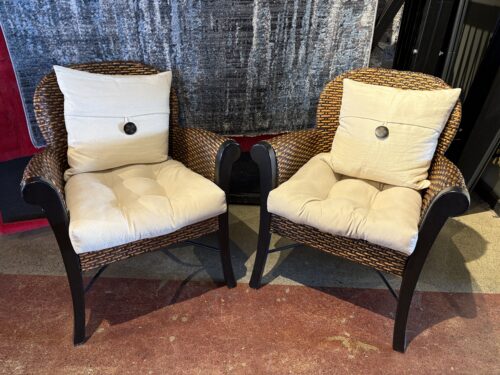Curved Brown and Black Wicker Patio Chairs with White Cushions (Set of 2)