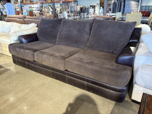 102" Wide Leather and Plush Fabric Brown Couch